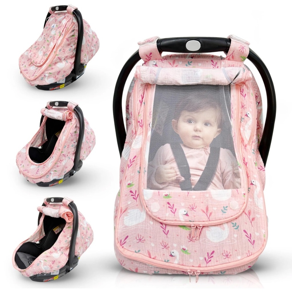 BRAND NEW Pink Muslin Swan Baby Car Seat Cover with Floral Design